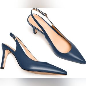 FEMSTEP Womens Slingback Leather Pumps Navy Blue Buckle Matte Pointed Toe 8.5